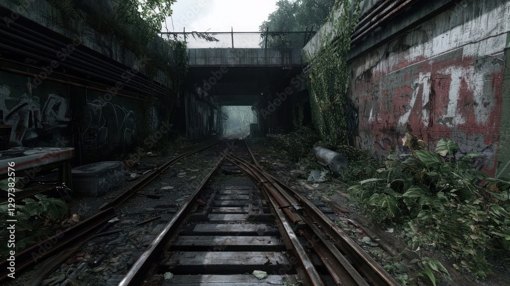 Abandoned railway tunnel overgrown with vegetation, showcasing nature reclaiming urban space Abandoned railway tunnel overgrown with vegetation, showcasing nature reclaiming urban space