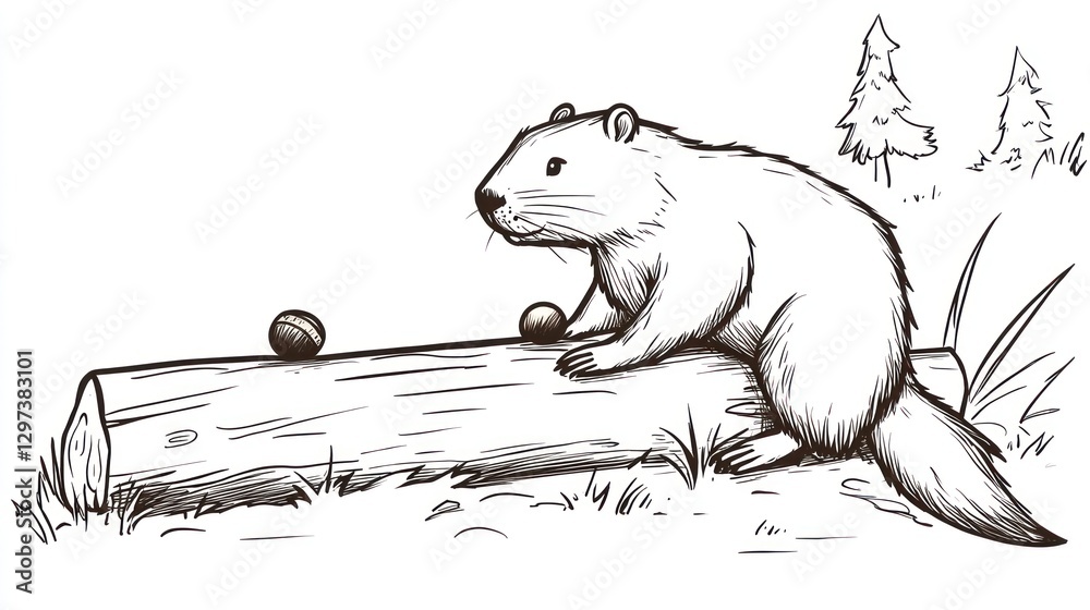 Fototapeta premium Woodchuck Sitting on Log, Forest Scene, Sketch