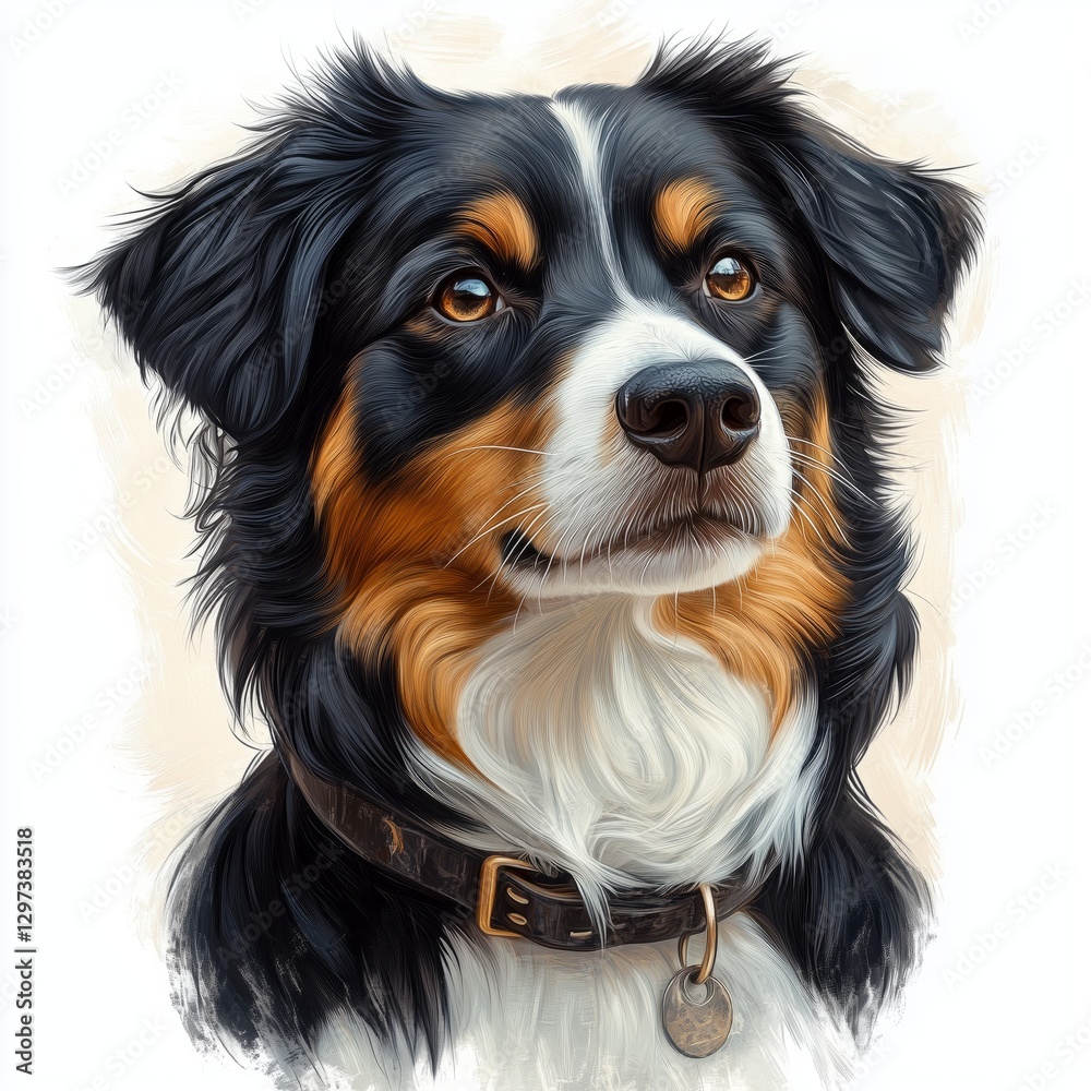 Australian Shepherd dog looking up, detailed portrait painting Australian Shepherd dog looking up, detailed portrait painting