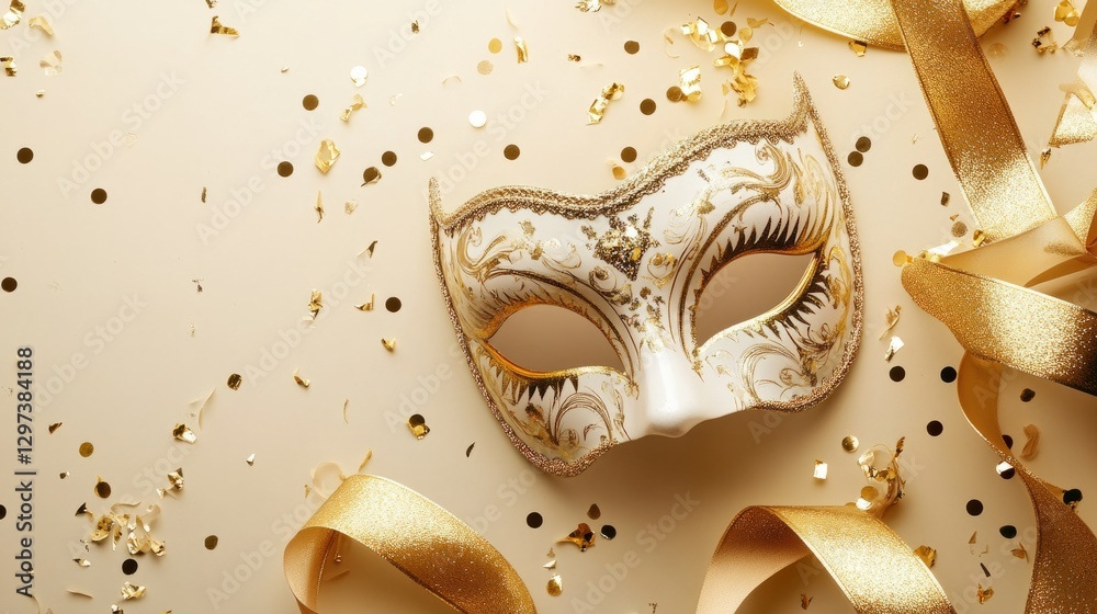 Naklejka premium Venetian masks, golden tones. generative ai