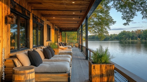 Fototapeta Naklejka Na Ścianę i Meble -  Lakeside cabin porch lounge with lake view