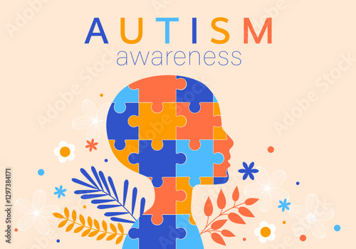 World autism awareness day. Colorful puzzles with flowers and leaves vector background. Symbol of autism. Medical flat illustration. Health care