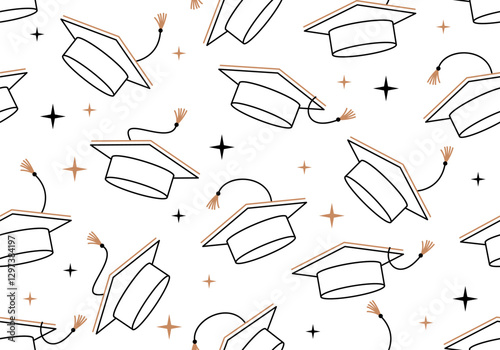 Seamless pattern for University, college school education vector background. Seamless pattern with graduated hat. Seamless vector pattern featuring graduation caps with gold tassels