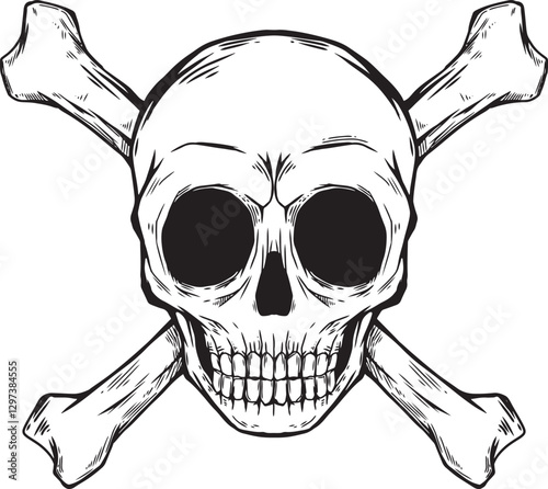 Illustration of a human skull with crossed bones, suitable for commercial use as a poster, card, flyer, symbol, sign, etc