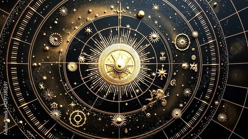 Wallpaper Mural Top-down view of a celestial-themed design with golden astrological symbols on a dark background, resembling a cosmic video game interface. Torontodigital.ca