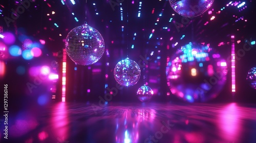 Multiple disco balls reflect light in a futuristic environment