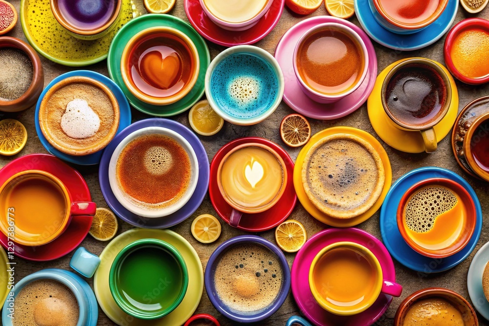 Collection of Colorful Coffee Cups Flat Lay Overhead View Collection of Colorful Coffee Cups Flat Lay Overhead View