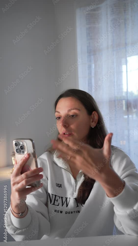 Young woman engaging in video call: expressive hand gestures and smile in a bright room Young woman engaging in video call: expressive hand gestures and smile in a bright room