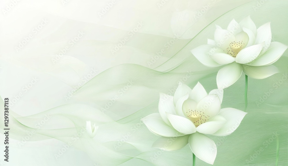 Delicate white lotus flowers on flowing green silk, soft background Delicate white lotus flowers on flowing green silk, soft background