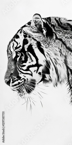 A close-up of a tiger's face, drawn in pencil. AI.