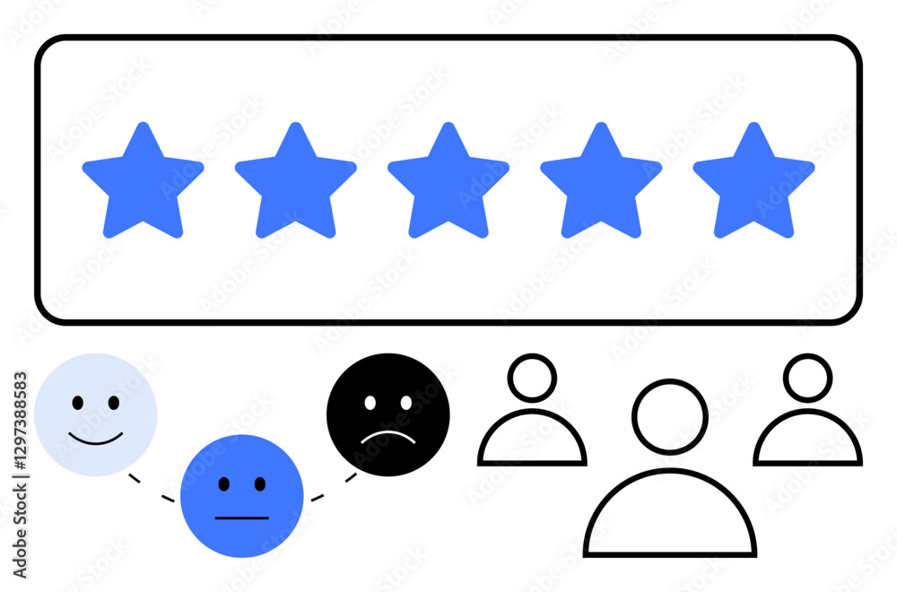Five blue stars above happy, neutral, and sad faces alongside user icons. Ideal for feedback, customer satisfaction, service quality, product reviews, user experience, opinions abstract line flat Five blue stars above happy, neutral, and sad faces alongside user icons. Ideal for feedback, customer satisfaction, service quality, product reviews, user experience, opinions abstract line flat