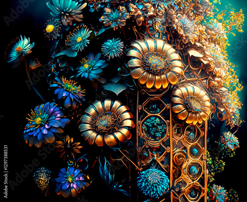 Obraz na płótnie Mechanical garden with flowers concept w salonie