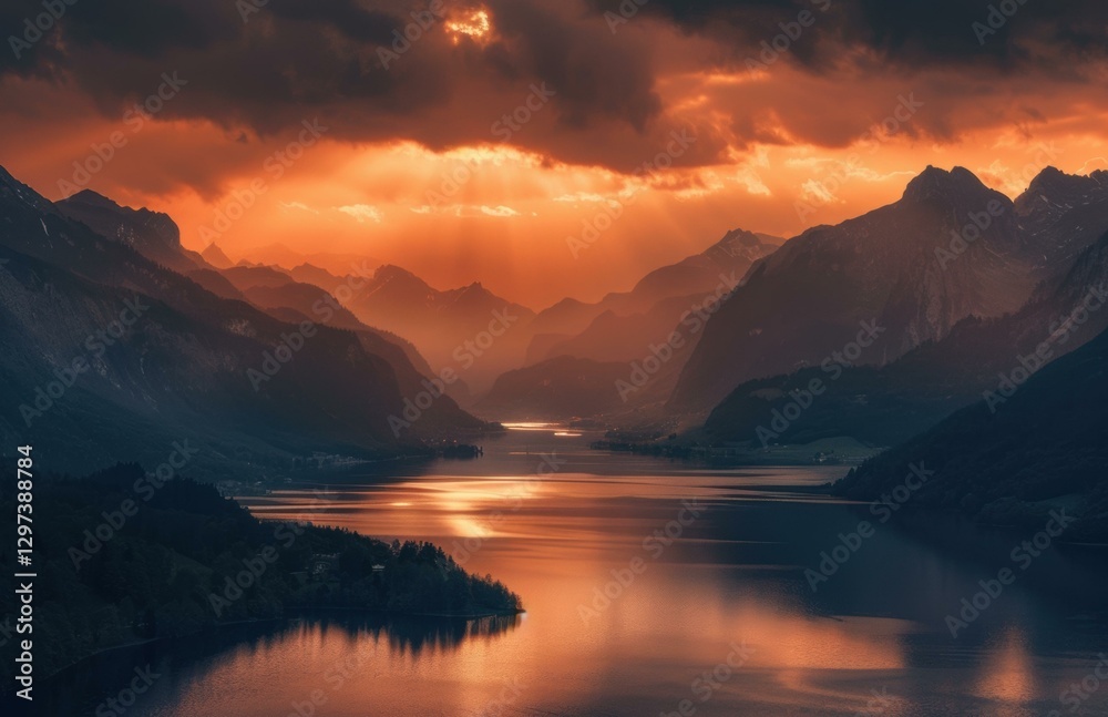 Fototapeta premium A fiery sunset over a mountain lake. AI.