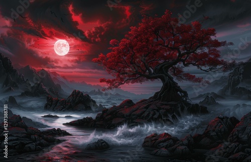 A red tree stands tall on a rocky shore, silhouetted against a blood-red sky and moon. AI.