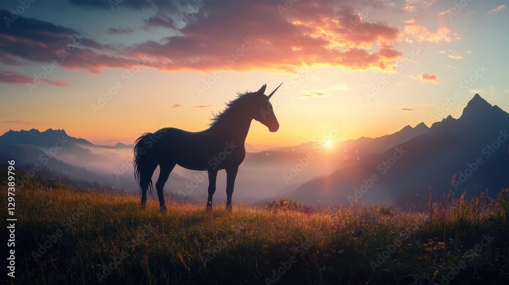 Unicorn silhouette at sunset with mountains Unicorn silhouette at sunset with mountains