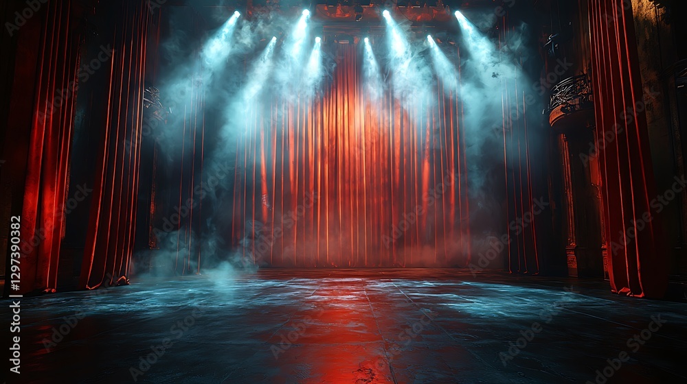 Obraz premium Dramatic Stage Setting with Red Curtains and Spotlights