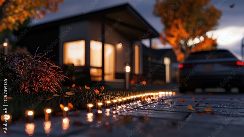 Cozy autumn evening at a modern home with pathway lights and colorful leaves in the yard Cozy autumn evening at a modern home with pathway lights and colorful leaves in the yard