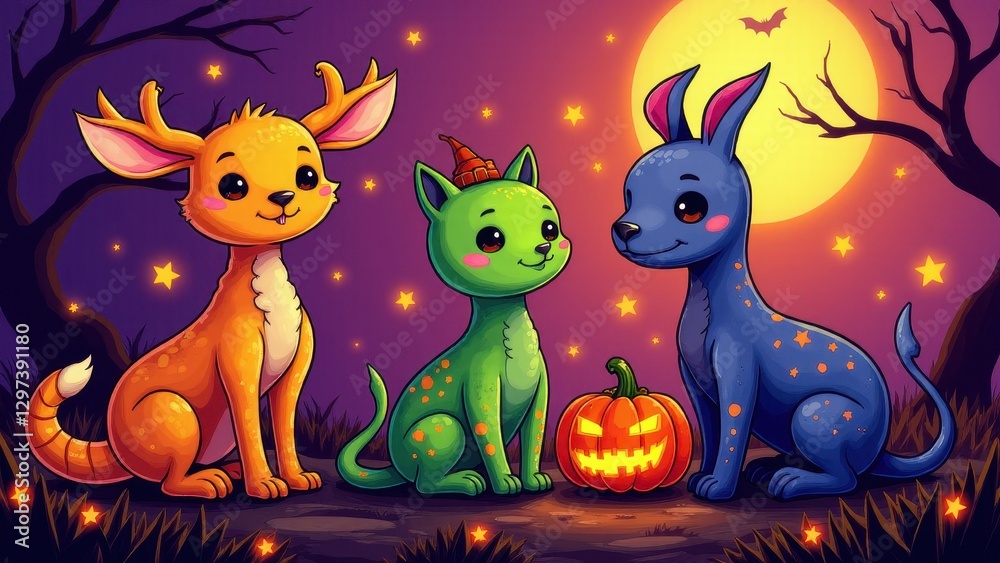 Naklejka premium Three cute Halloween animals, including a deer, a cat, and a dog, sitting together with a carved pumpkin under a full moon.