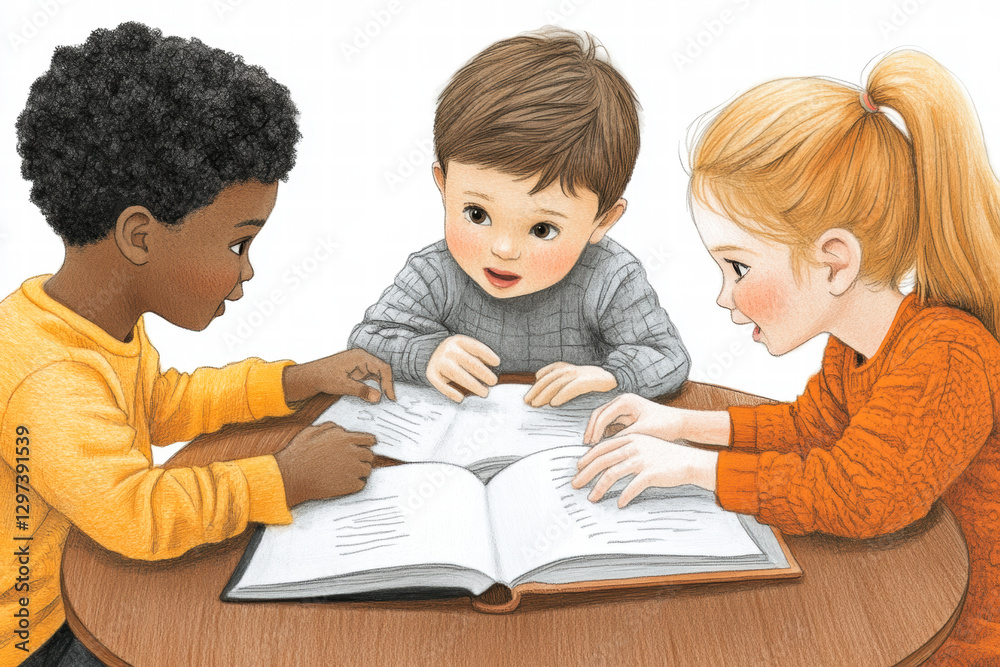 Illustration of three children reading a book together at a table