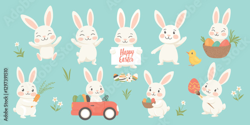 Cute Easter Bunny Vector Set, Rabbits Holding Eggs, Driving a Car, Playing With Chicks, Holding a Sign. Easter Bunny Clipart for Cards, Stickers, Decorations. Easter Bunny Illustration, Holiday Design