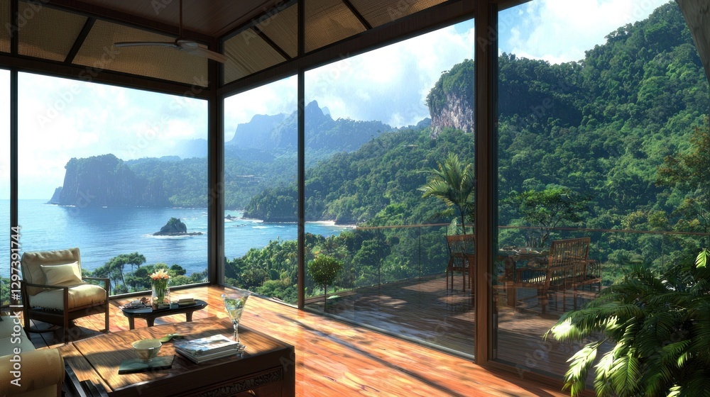 Serene coastal view from a modern living room with lush greenery and mountains in the background Serene coastal view from a modern living room with lush greenery and mountains in the background