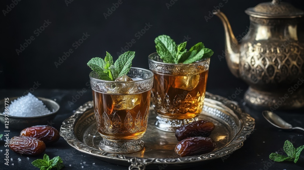 Ornate brass tray with mint tea and dates Ornate brass tray with mint tea and dates