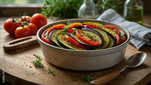 Fresh Ratatouille — a classic French vegan vegetable stew featuring eggplant, zucchini, bell peppers, tomatoes, and onions, seasoned with aromatic herbs (Selective Focus, centered in the image). photo