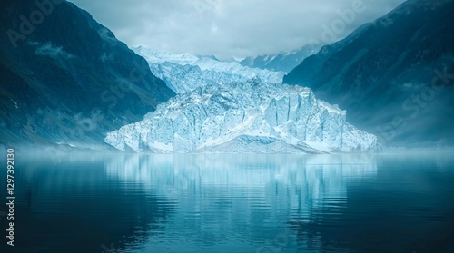 Misty Glacier Reflected in a Calm Lake Amidst Majestic Mountains