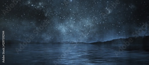 A serene nighttime scene with a starry sky reflected in a still lake.