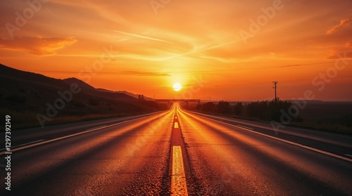 Endless Highway at Sunset with Golden Light Reflections