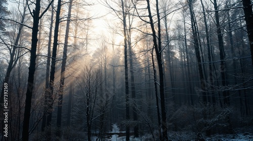 Misty Winter Forest with Sun Rays Shining Through Bare Trees