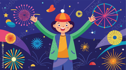 Celebration with colorful fireworks and a joyful person wearing a party hat holding cups in a festive atmosphere during a nighttime event