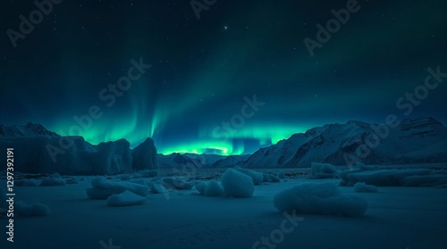 Aurora Borealis Over a Frozen Arctic Landscape at Night