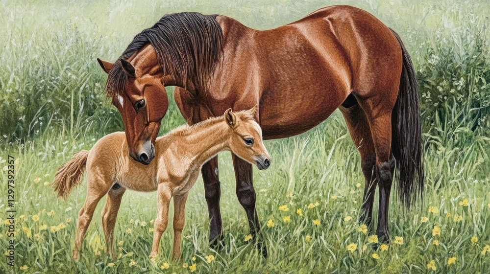 Fototapeta premium Mare and foal in a vibrant meadow