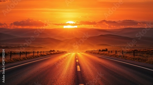 Golden Sunset Over an Open Road Leading to Mountains