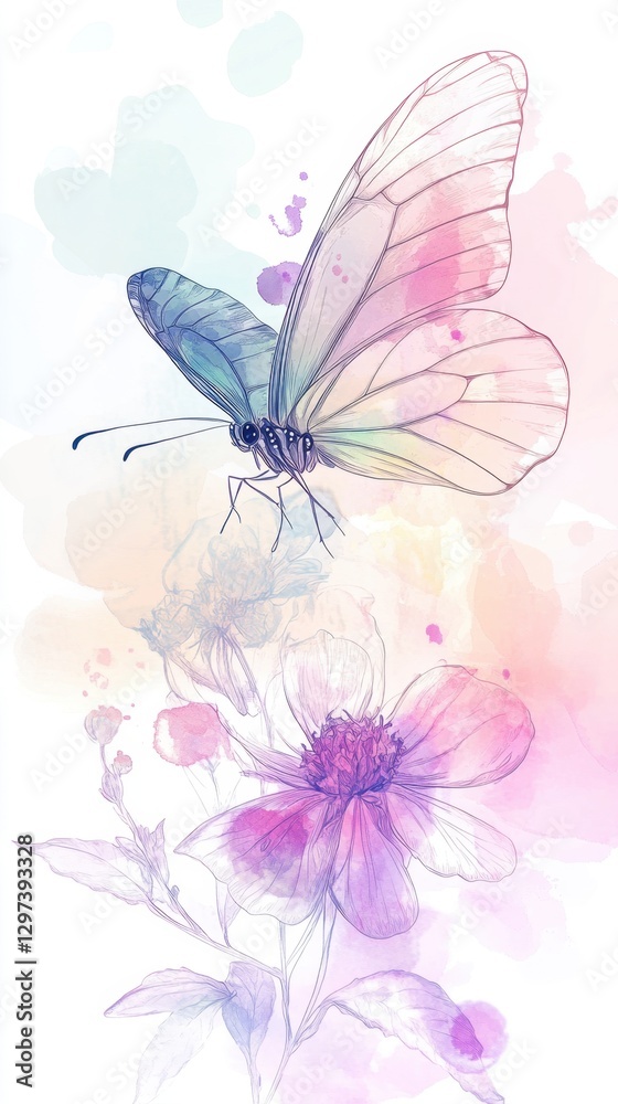 Obraz premium Iridescent butterfly sketch over blooming flower