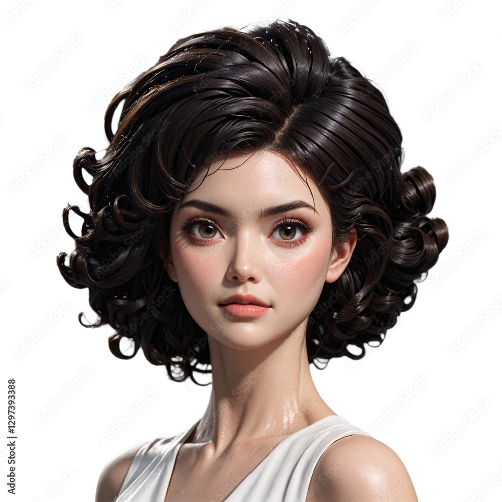 Fototapeta premium Close-up portrait of a young woman with curly brown hair and flawless skin, wearing a white dress. Cut out background.