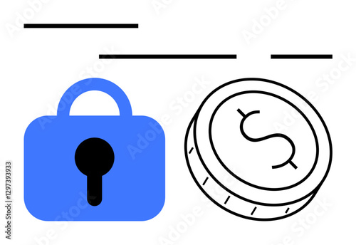 Blue padlock next to currency coin illustrating financial security. Ideal for banking, e-commerce, fintech, digital wallets, cybersecurity, secure transactions, and online payments themes. Line