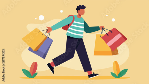 Person carrying colorful shopping bags happily walking on a bright background during a pleasant day