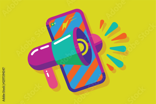 Colorful smartphone with a megaphone emerging, symbolizing communication and announcements in a vibrant setting