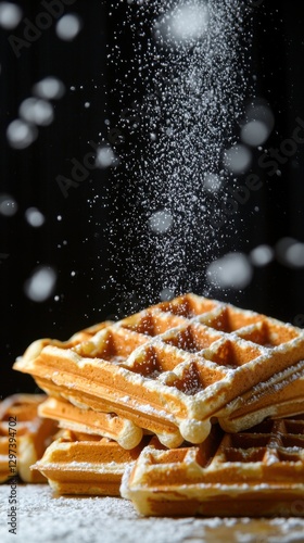 Powdered sugar is falling over a stack of golden waffles creating an inviting breakfast moment.