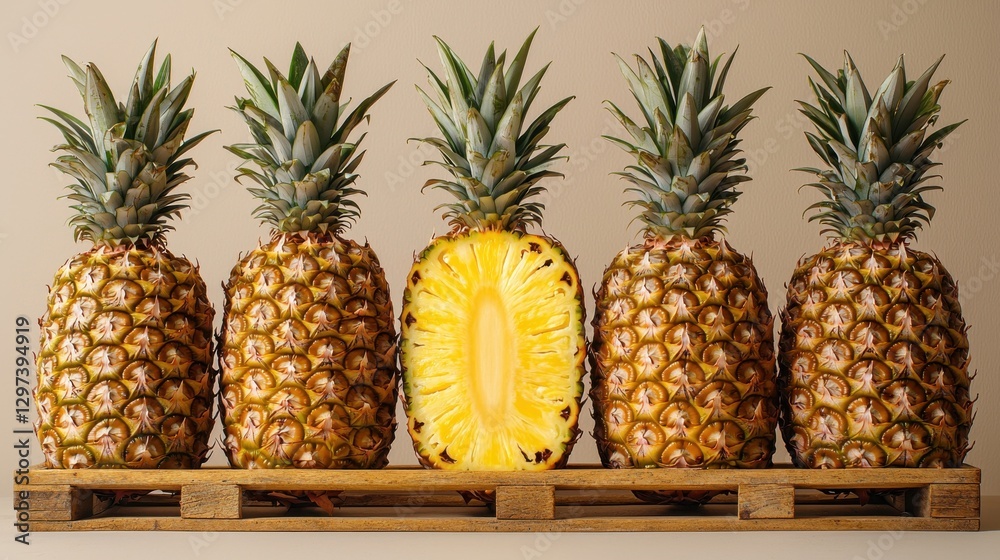 Five pineapples are set on a rustic wooden pallet, one is halved showing its juicy inside. Five pineapples are set on a rustic wooden pallet, one is halved showing its juicy inside.