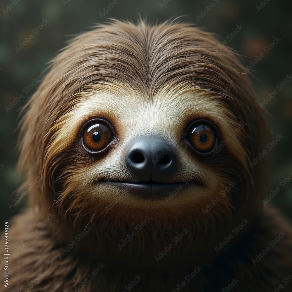 Fototapeta premium Cheerful sloth with big eyes and fluffy fur against a soft, blurred background 