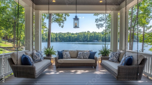Fototapeta Naklejka Na Ścianę i Meble -  Lakeside porch swing seating with lake view