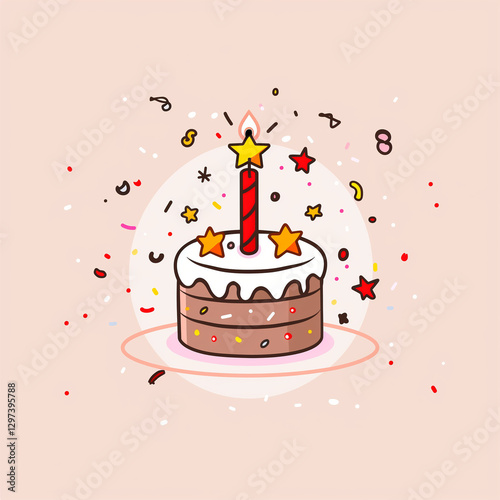 A cute cartoon style birthday cake with one candle, decorated with stars and confetti on a light pink background.