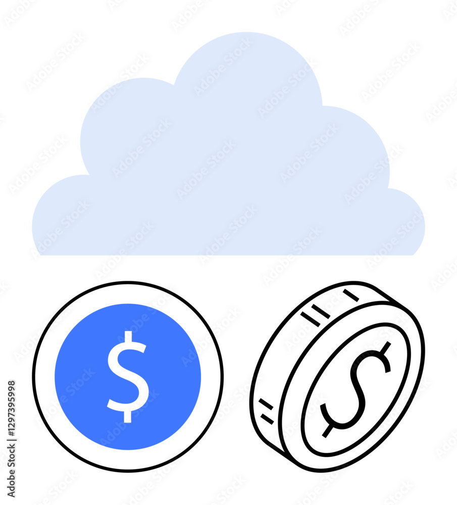 Cloud above two coins with dollar signs symbolizes online transactions, digital payments, and cloud-based financial systems. Ideal for finance, e-commerce, fintech, investment, savings, technology Cloud above two coins with dollar signs symbolizes online transactions, digital payments, and cloud-based financial systems. Ideal for finance, e-commerce, fintech, investment, savings, technology