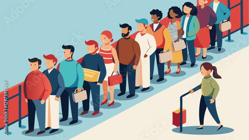 Long queue of diverse people waiting in a modern indoor location for an event or service during daytime