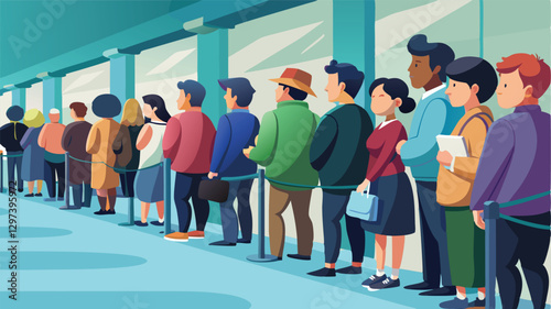 Long queue of diverse people waiting in a modern indoor location for an event or service during daytime