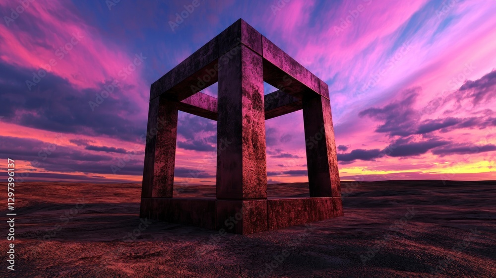 Abstract metallic cube structure against a vibrant sunset sky in a barren landscape Abstract metallic cube structure against a vibrant sunset sky in a barren landscape