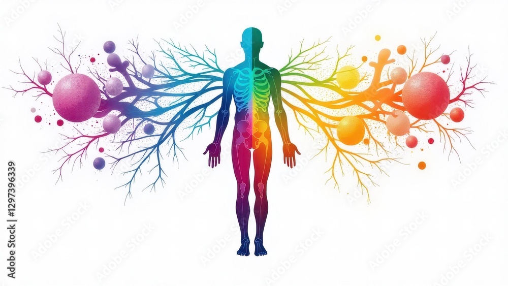 Obraz premium A colorful illustration of the human nervous system with branching nerves extending from the body, highlighting the complexity and connectivity of the nervous system chart.